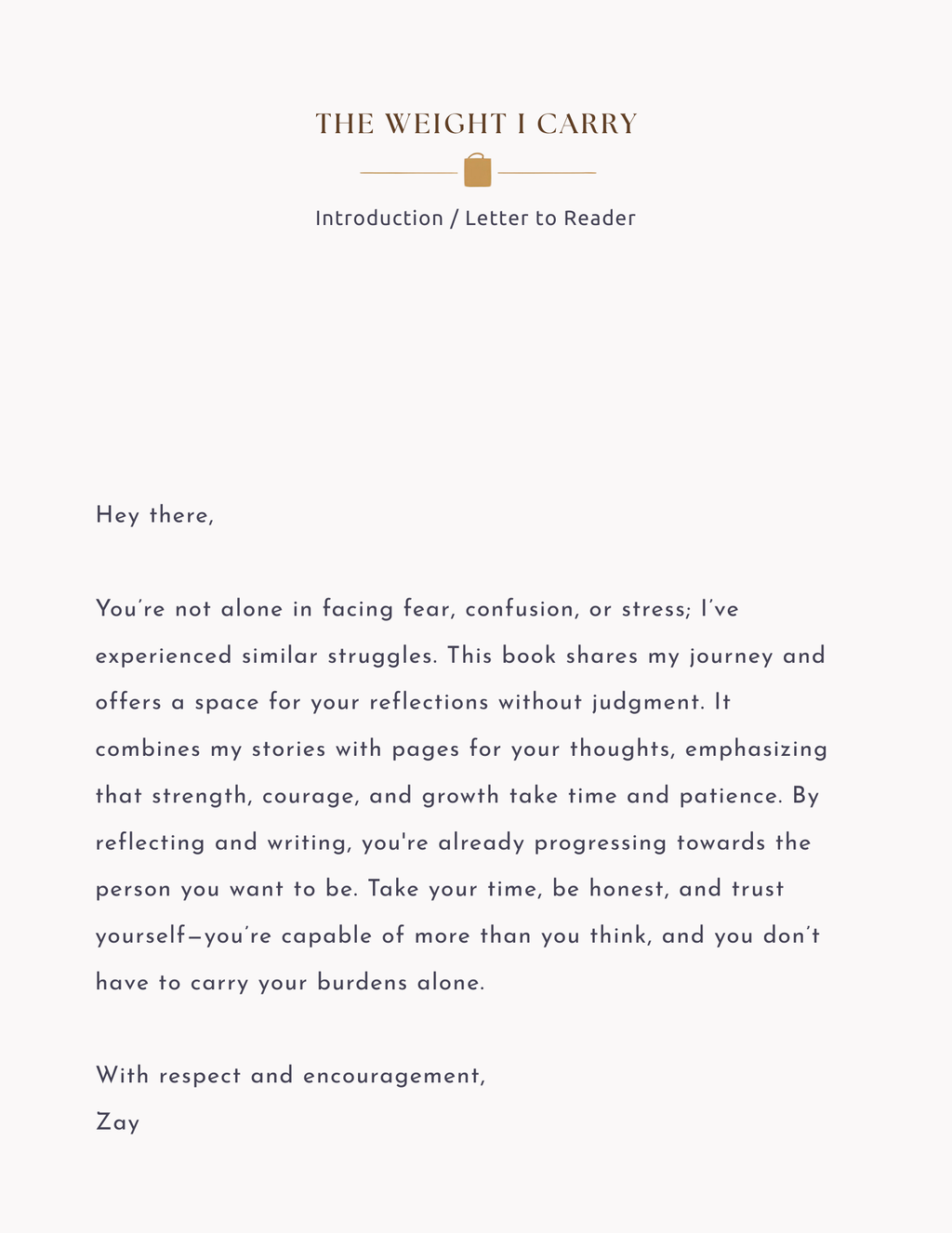 Letter to the reader from a book titled 'The Weight I Carry' on a white background