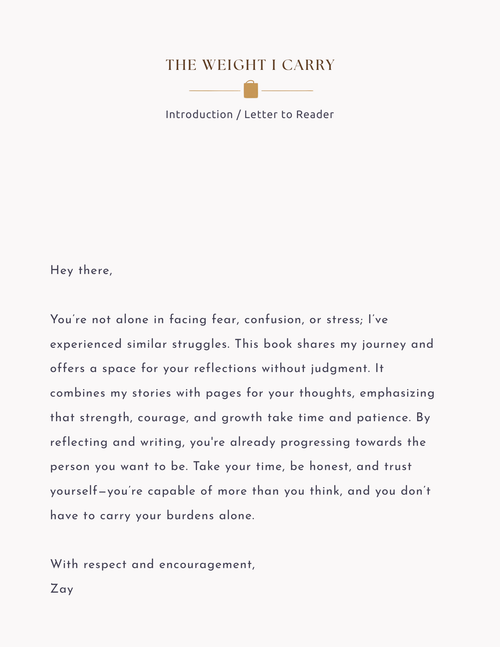 Letter to the reader from a book titled 'The Weight I Carry' on a white background