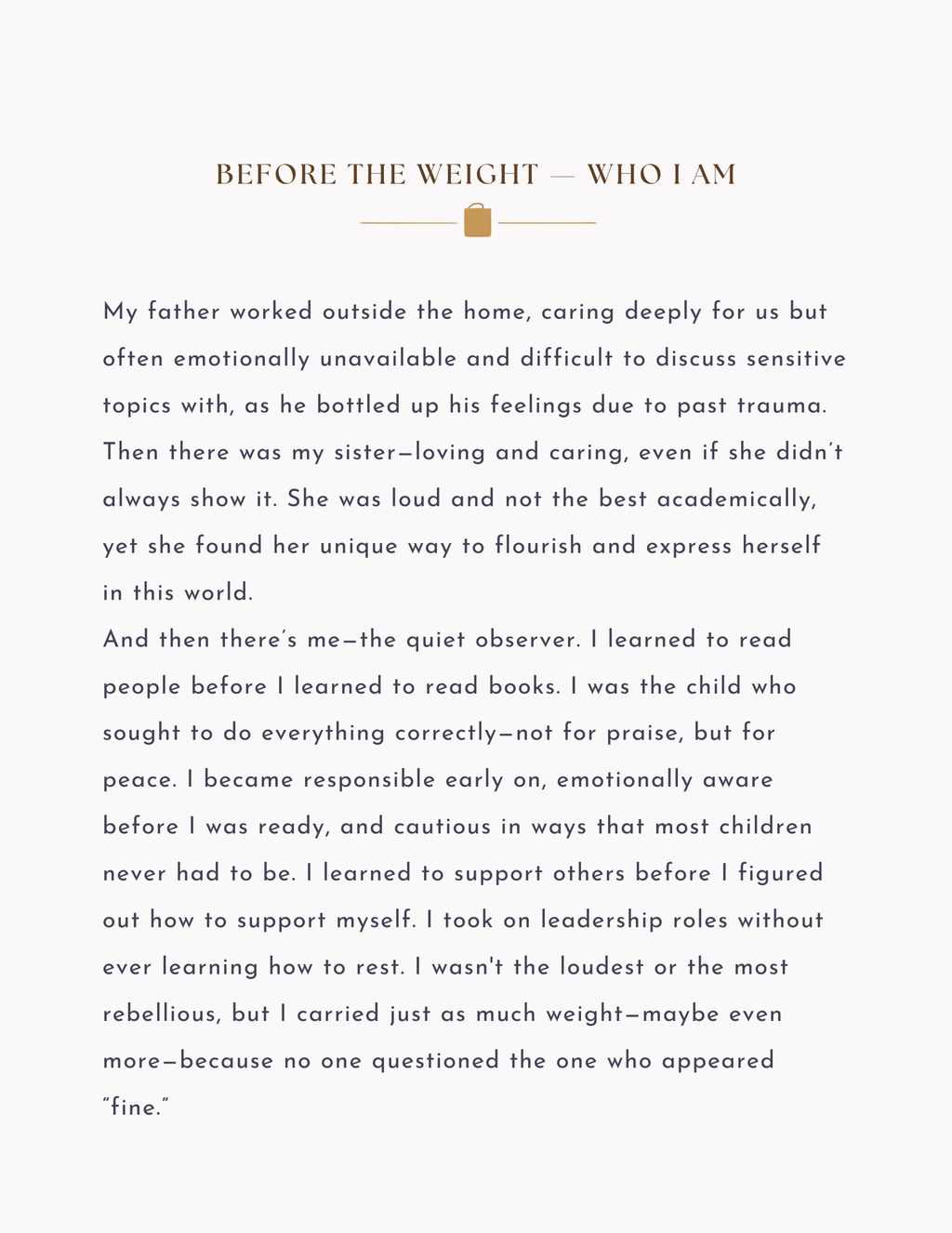 Text on a white background about a father, sister, and quiet observer with personal reflections.