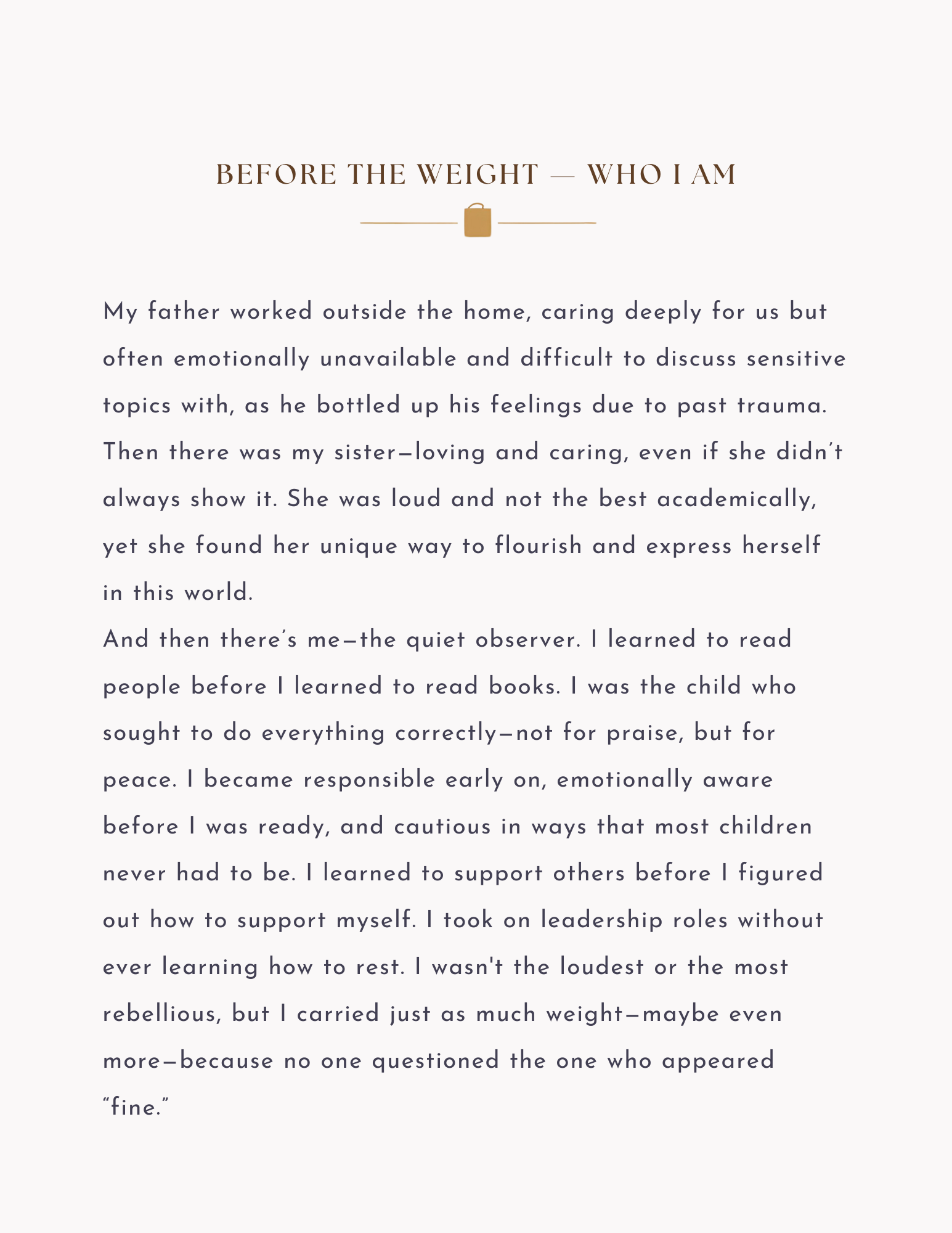 Text on a white background about a father, sister, and quiet observer with personal reflections.
