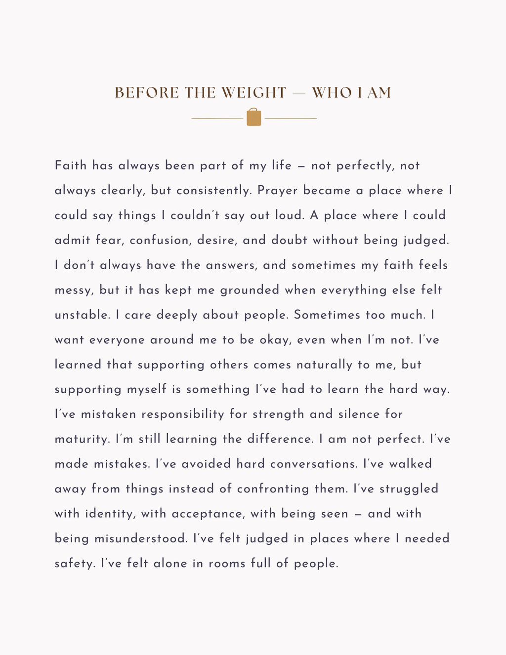 Text on a white background with a title 'Before the Weight - Who I Am'.