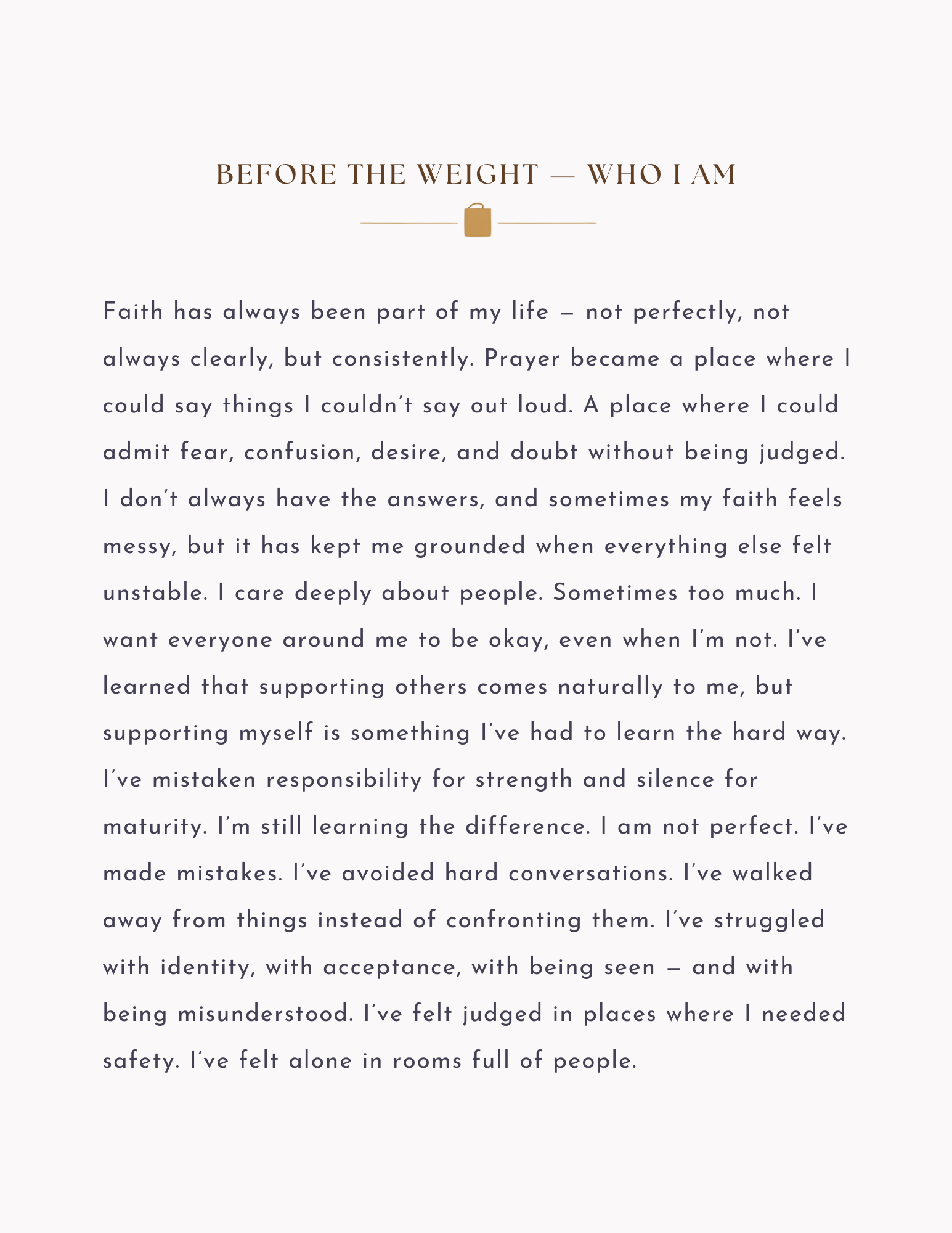 Text on a white background with a title 'Before the Weight - Who I Am'.