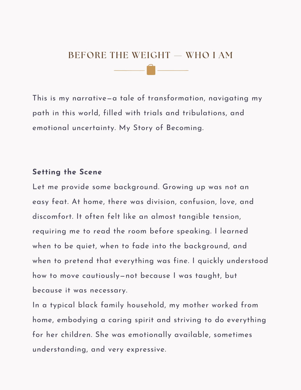 Text document titled 'Before the Weight - Who I Am' on a white background