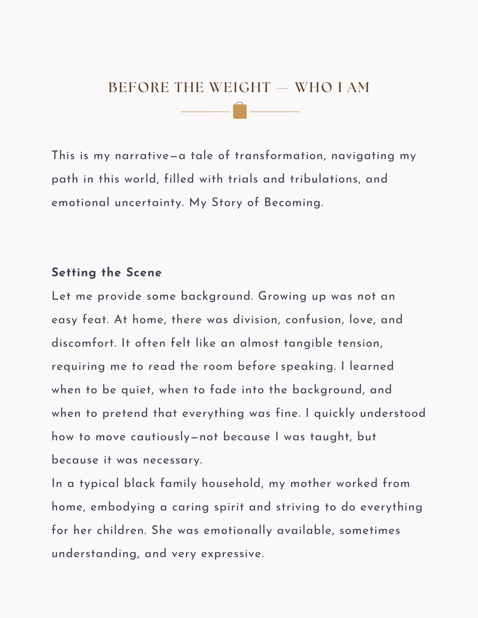 Text document titled 'Before the Weight - Who I Am' on a white background